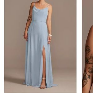 David’s Bridal COWL NECK CHIFFON BRIDESMAID DRESS WITH SLIT in Dusty Blue